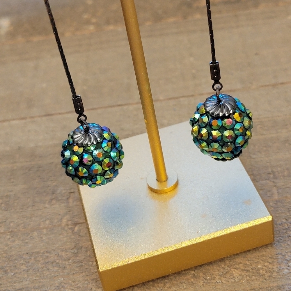 • SALE! Drop Ball Earrings • Black and Iridescent Green • Hangar Style
